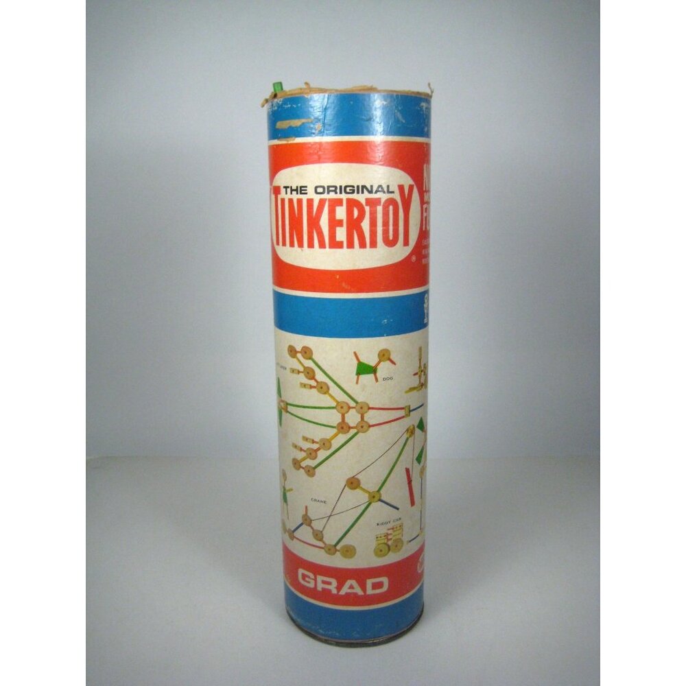 Vintage Original TinkerToy Construction Set  Canister Wooden Incomplete